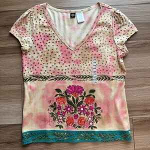 NWOT Bila Pink Cream Multicolor Beaded Sequin Graphic Fairy Short Sleeve Tee